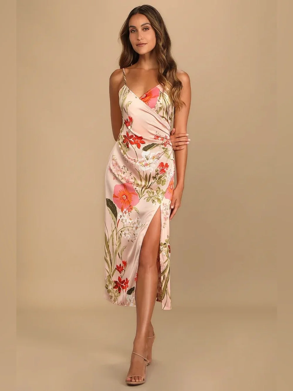 Lulu's Pink Floral Satin Midi Slip Dress with Side Slit